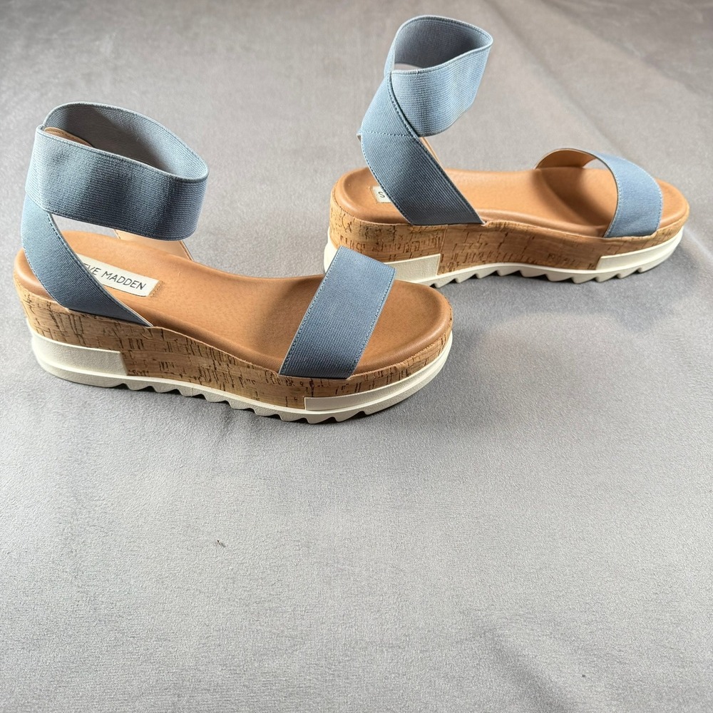 Steve Madden Elba Womens 7 Dusty Blue Elastic Cork Platform Wedge Sandals Casual - Picture 7 of 9